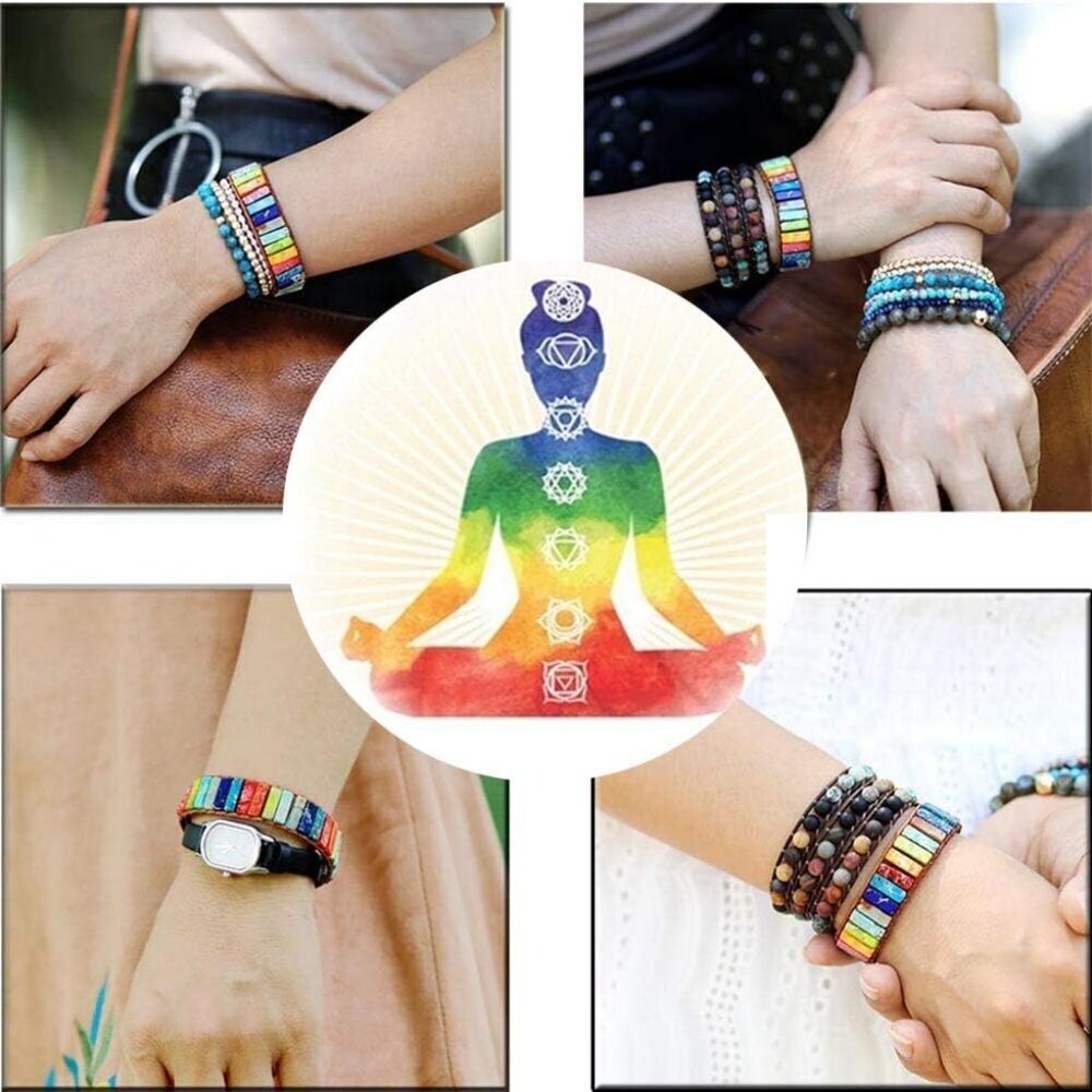 7 Chakra Leather Wrap Bracelet for Women & Men - Healing Stones Bead Jewelry - Picture 5 of 7